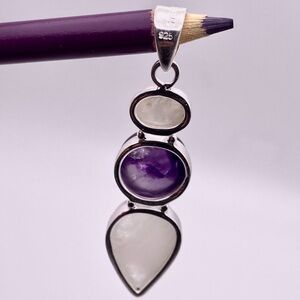 Amethyst and Moonstone Pendant 925 Sterling 2.5 Inches